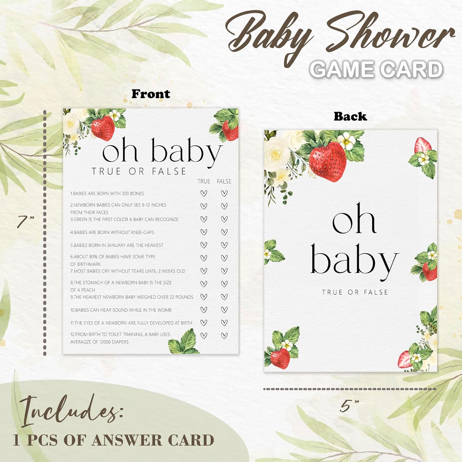 Hilarious Gender Raveal Games For Adults Women Men, Sweet Strawberry True Or False Game Cards For Party Supplies Favors -30 Pcs, 5X7 In - H01