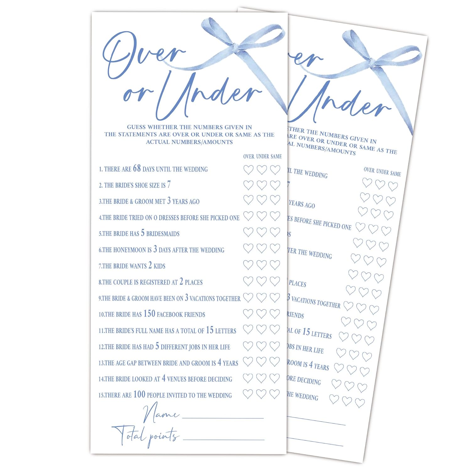 Blue Bow Wedding Shower Games, Over Or Under Wedding Games For 25 Guests, Engagement Bridal Shower Party Cards, Engagement & Bridal Party Supplies-4X9 Inch-A14