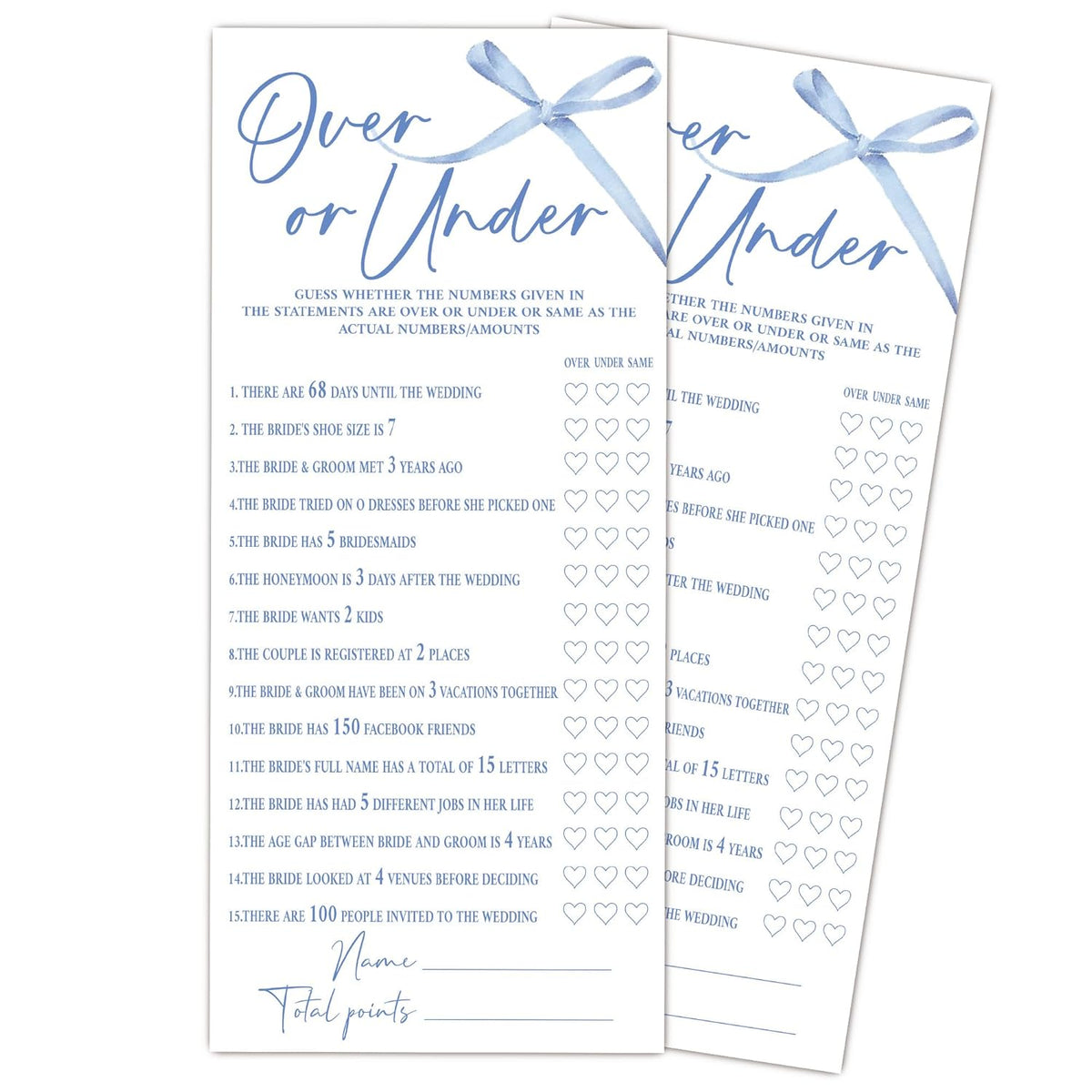 Blue Bow Wedding Shower Games, Over Or Under Wedding Games For 25 Guests, Engagement Bridal Shower Party Cards, Engagement & Bridal Party Supplies-4X9 Inch-A14
