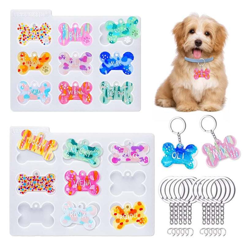 Pet Tag Resin Molds Silicone, Cat Dog Tag Molds For Epoxy Resin & Uv Resina, Bone Shape Resina Keychain Molds With 10Pcs Key Ring & 10Pcs Jump Ring, Diy Keychain Pendant Charm Crafts