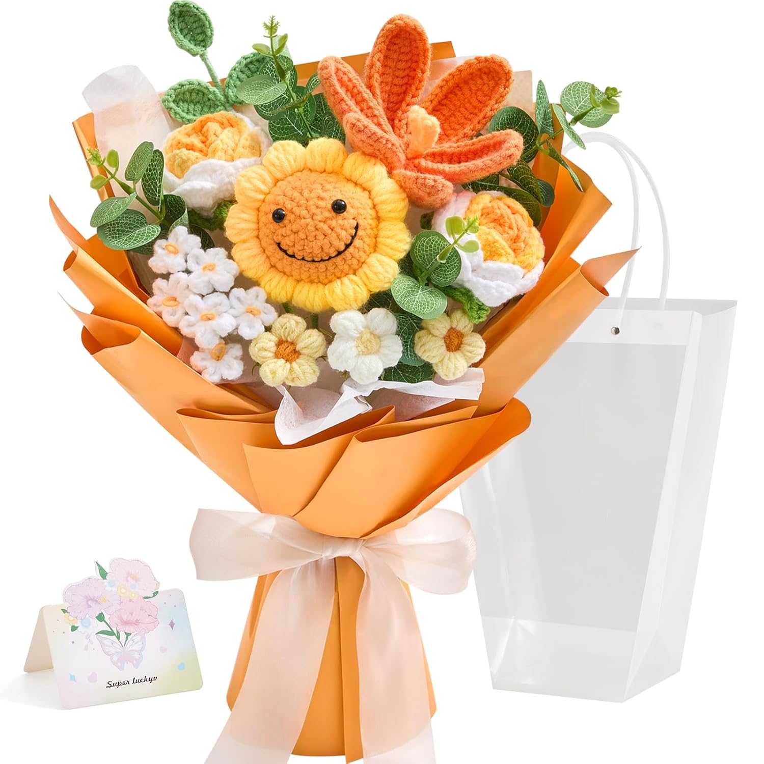 Crochet Flower Bouquet, Handmade Knitted Flowers,Orange Crochet Sunflower Bouquet For Lover Birthday, Anniversary, Wedding, Homecoming Gifts(Include Card)