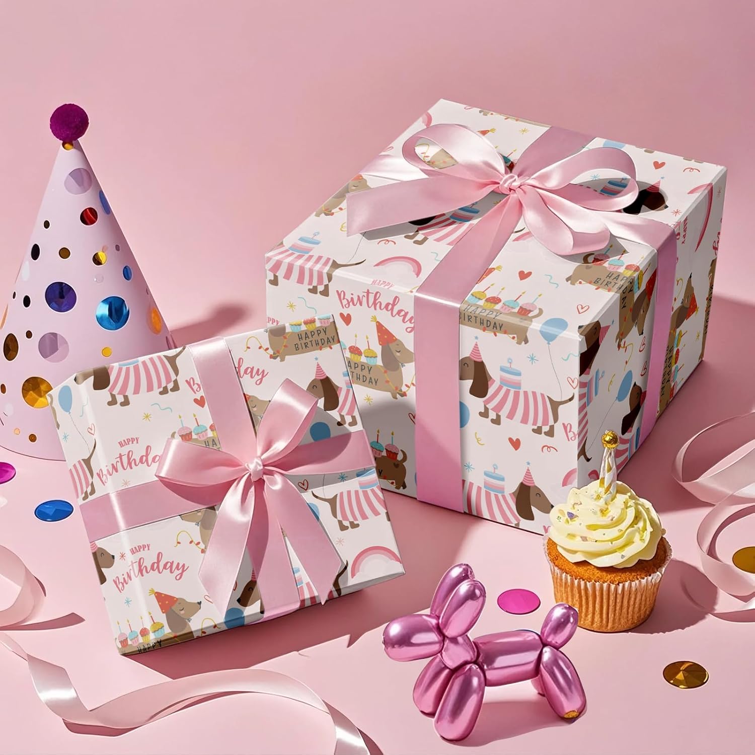 Dog Birthday Wrapping Paper Roll For Girls, Mini Roll, Pink Dachshund With Cake, Balloon And Happy Birthday Text Design Gift Wrap For Kids, Pet Lovers, Puppy Party, 17 Inches X 16.4 Feet