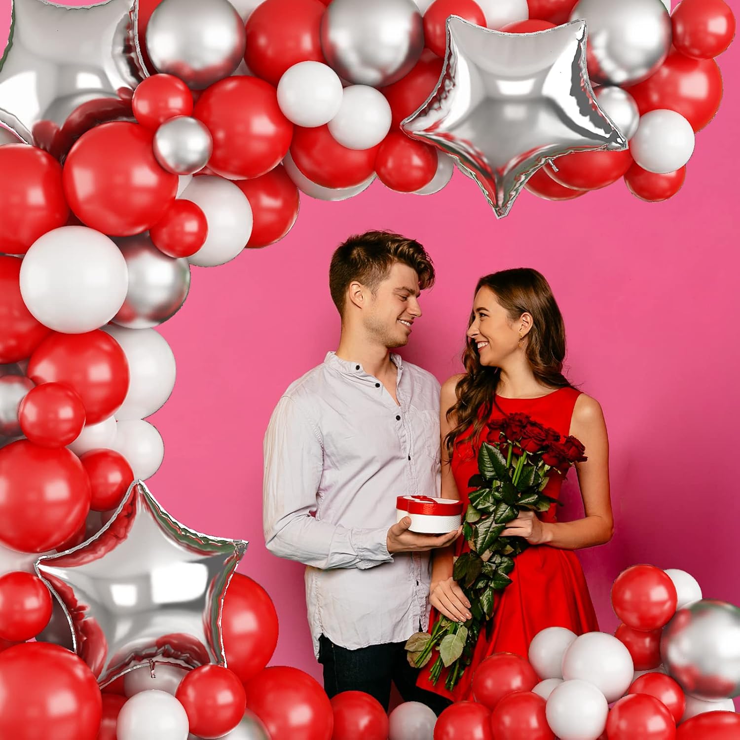 Balloons Garland Kit Red White Silver, 99Pcs Red White Balloon Arch Kit With Metallic Silver Stars Foil Balloon, Red Birthday Decorations For Valentine'S Day, Baby Shower, Wedding, Christmas Party