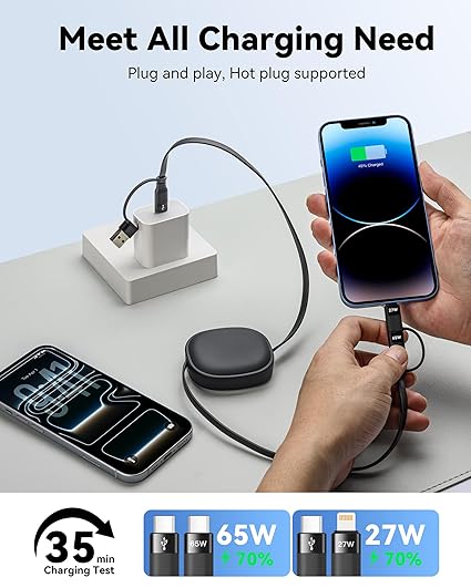 2 Pack 5 in 1 Retractable Multi Charging Cable 65W USB C Fast Charger Cord for iPhone 17 16 15 Samsung S25 S24 iPad