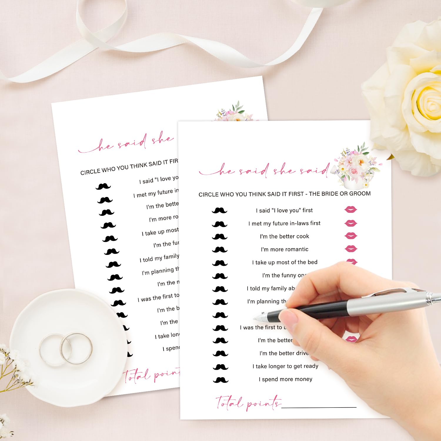 He Said She Said Bridal Shower Games, Tea Party Bridal Shower Games Cards 30 Guests, Pink Floral Wedding Engagement Bachelorette Party Activity & Game Reception Supplies-B06