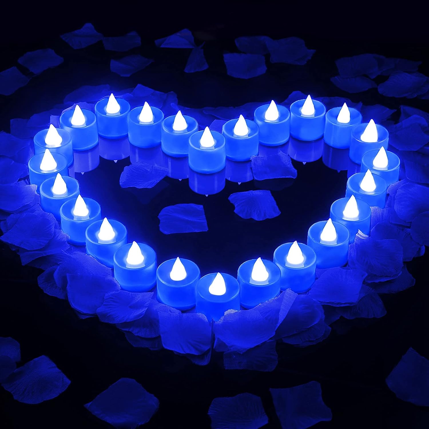 Artificial Rose Petals With 24 Pieces Romantic Heart Flameless Candle Love Led Tealights Candle For Romantic Night For Him Set Anniversary Wedding Honeymoon(Blue)