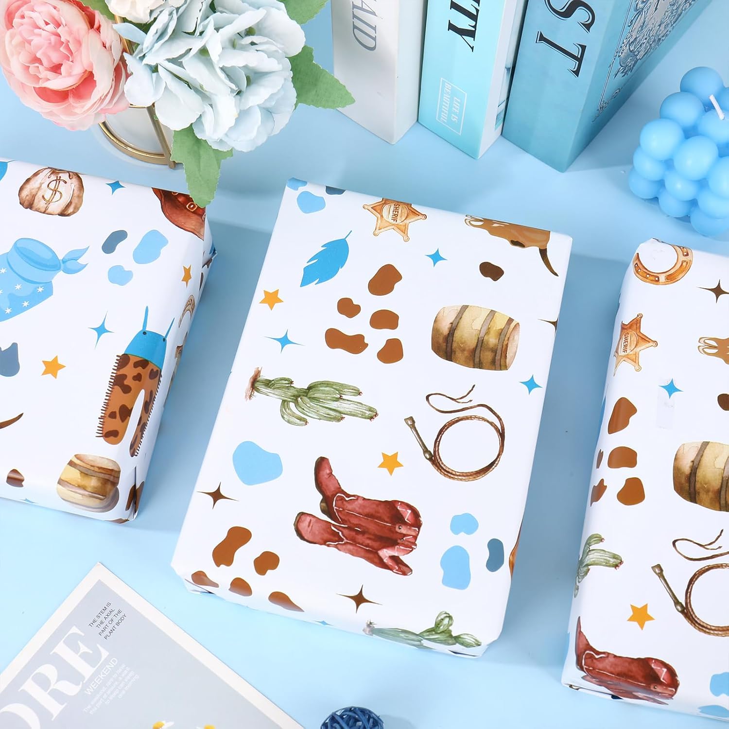 Little Cowboy Wrapping Paper -Mini Roll- 17 Inch X 32.8Ft Blue Brown Cowboy Hat Clothes Cactus Gift Wrap Art Paper For Western Birthday Baby Shower Supplies