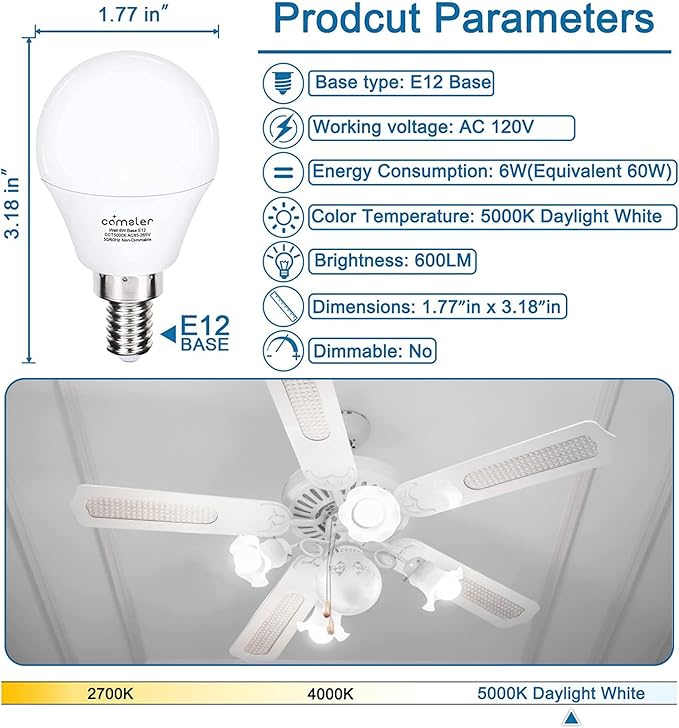 E12 LED Candelabra Bulbs 6 Pack 60W Equivalent 5000K Daylight A15 Ceiling Fan Chandelier Light Bulbs