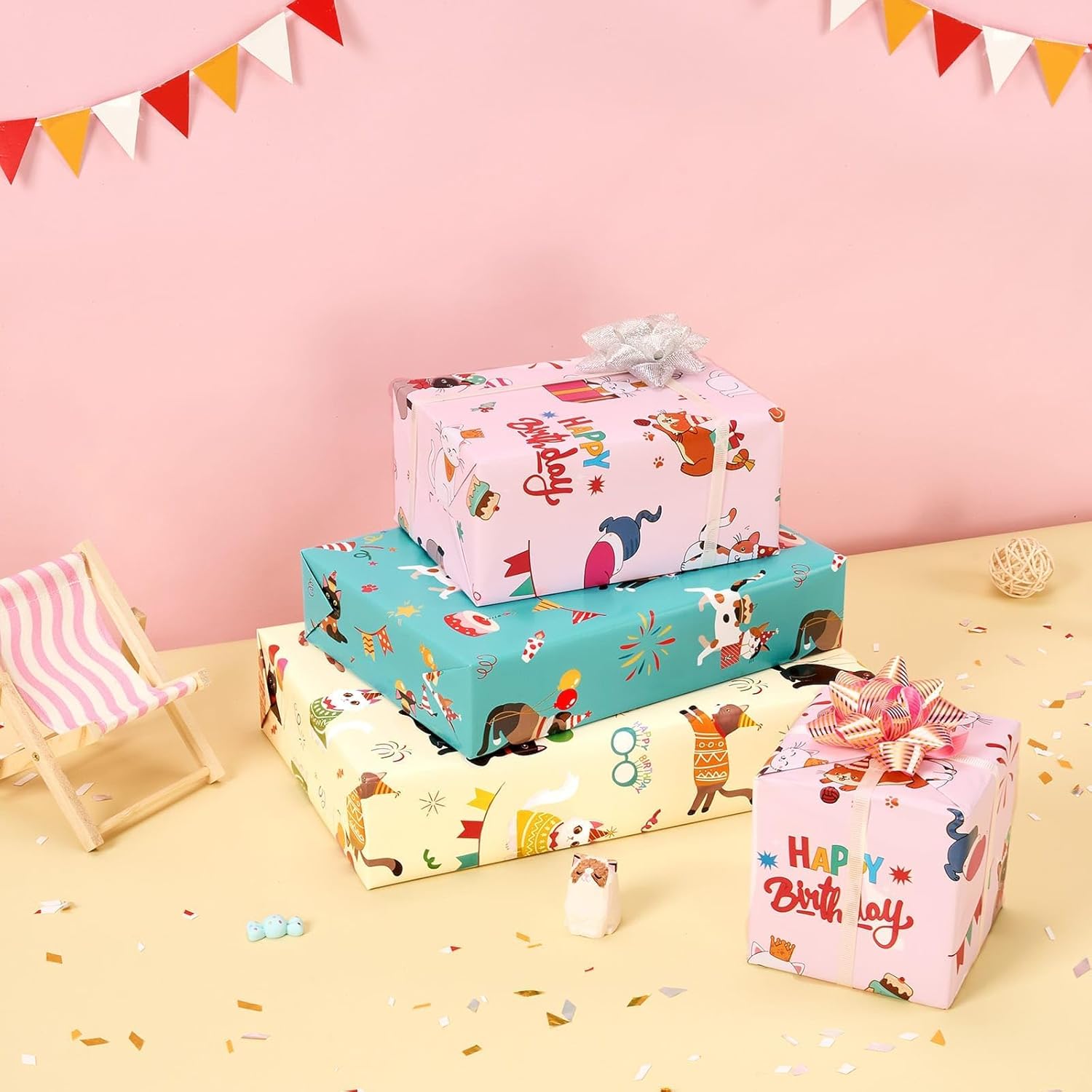 Cat Wrapping Paper Rolls - 3 Rolls 17” X 120” Happy Birthday Wrapping Paper Rolls Cat Birthday Gift Wrap Paper Rolls Kitten Wrapping Paper Bday Wrap Paper With Cutting Lines