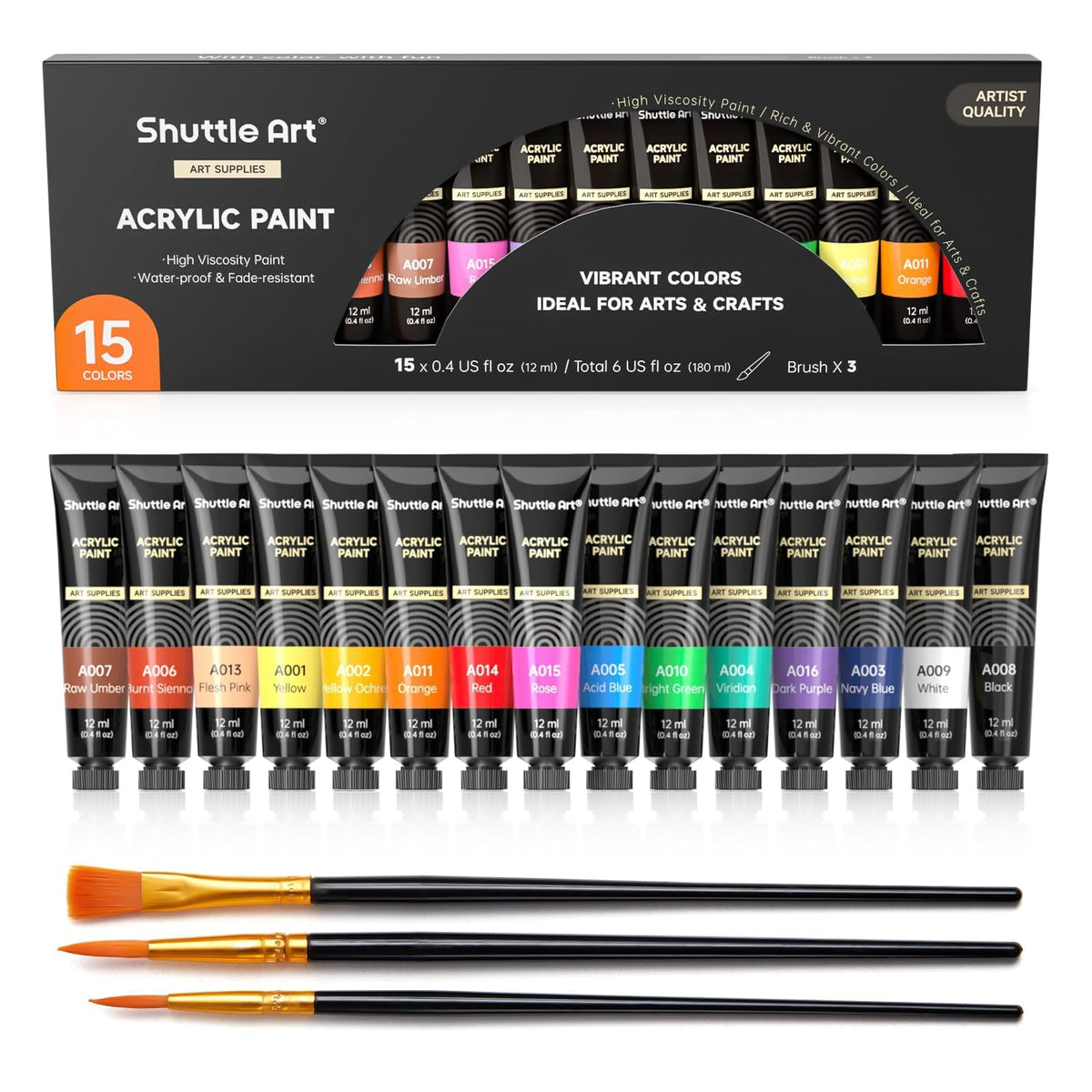 Acrylic Paint Set, 15 X 12Ml Tubes Artist Quality Non Toxic Rich Pigments Colors Perfect For Kids Adults Beginners Artists Painting On Canvas Wood Clay Fabric Ceramic Crafts