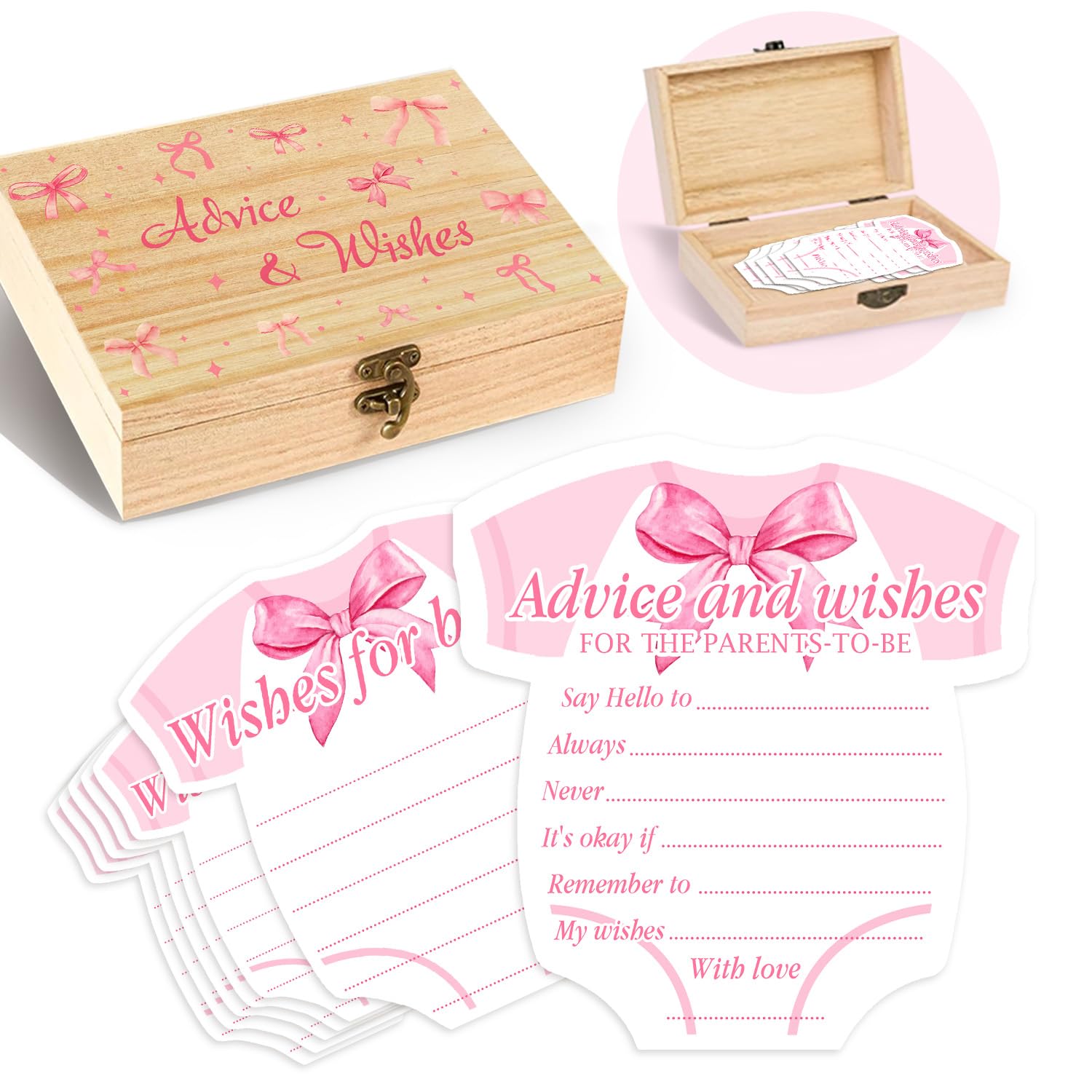 Pink Bow Baby Shower Decorations, Coquette Baby Shower Prediction And Advice Cards, 50Pcs Pink Bow Advice And Wish Cards With Box For New Parents, Bow Games Activity For Gender Reveal Party