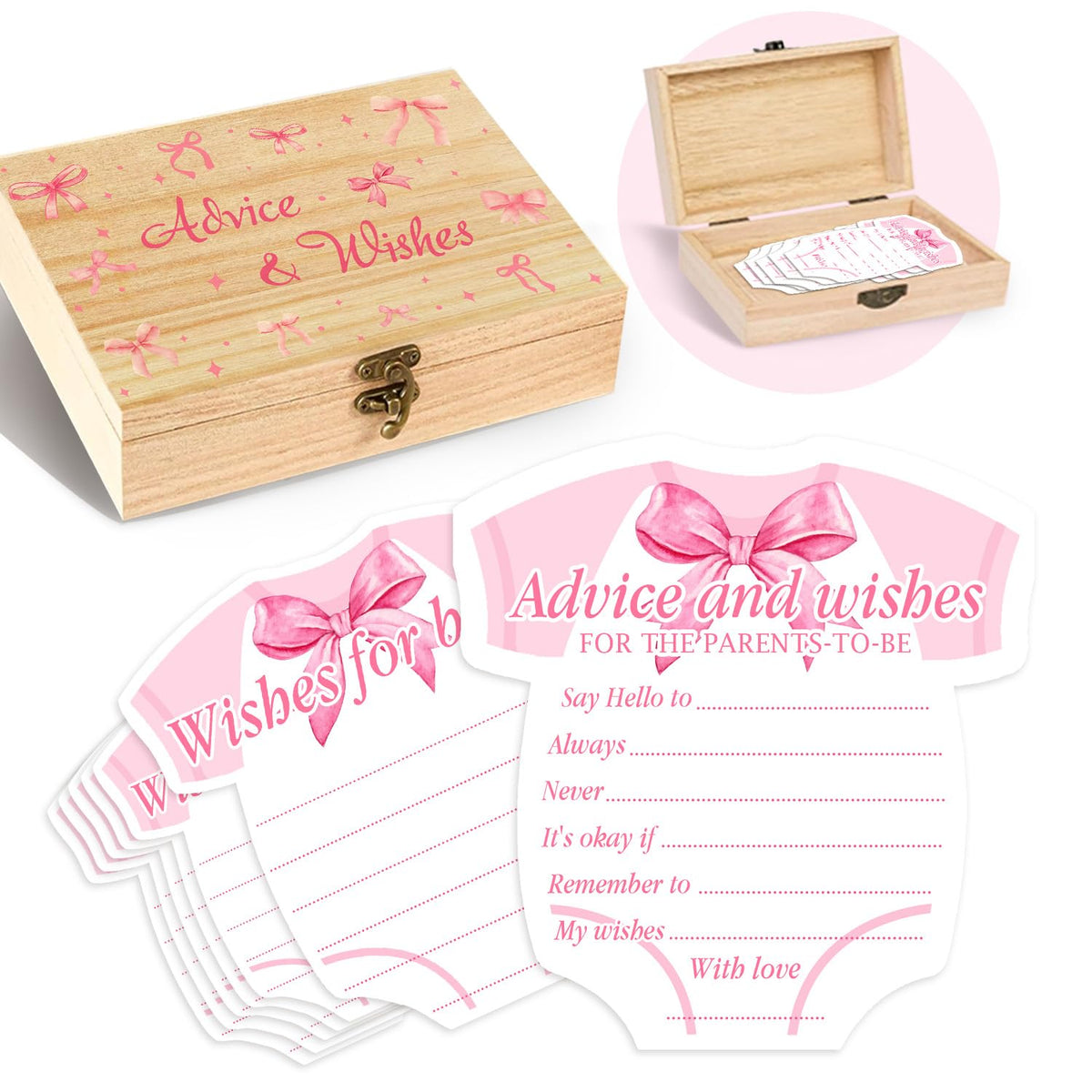 Pink Bow Baby Shower Decorations, Coquette Baby Shower Prediction And Advice Cards, 50Pcs Pink Bow Advice And Wish Cards With Box For New Parents, Bow Games Activity For Gender Reveal Party
