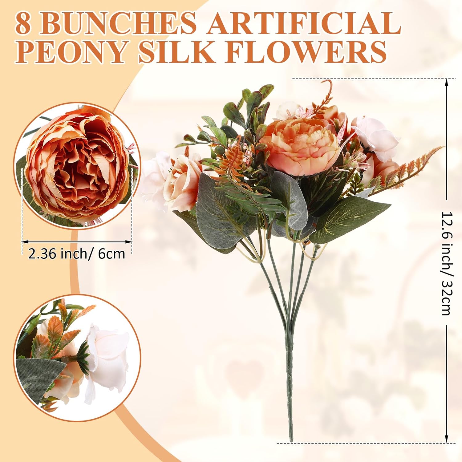 8 Pieces Peonies Artificial Flowers Bouquet Fake Hydrangea Flower Bulk Rose Flowers Centerpieces Arrangement Fall Flowers For Wedding Party Home Women Decoration Mother'S Gift (Orange)