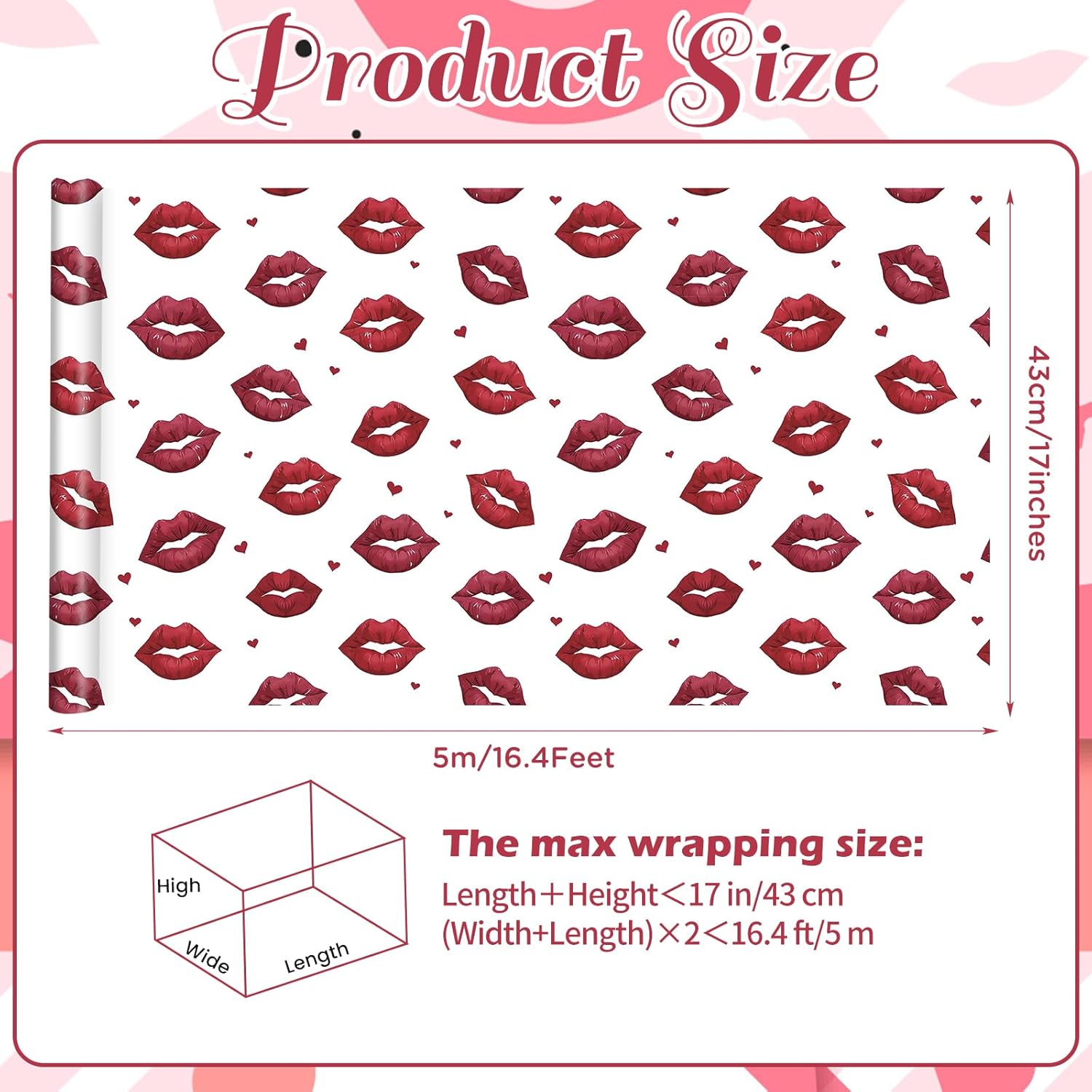 Valentine'S Day Red Lips Wrapping Paper Roll - 17In X 16.4Ft - Romantic Wrapping Paper With Red Lips & Red Hearts Design - Ideal For Bridal Shower, Wedding, Birthday, Valentine'S Day