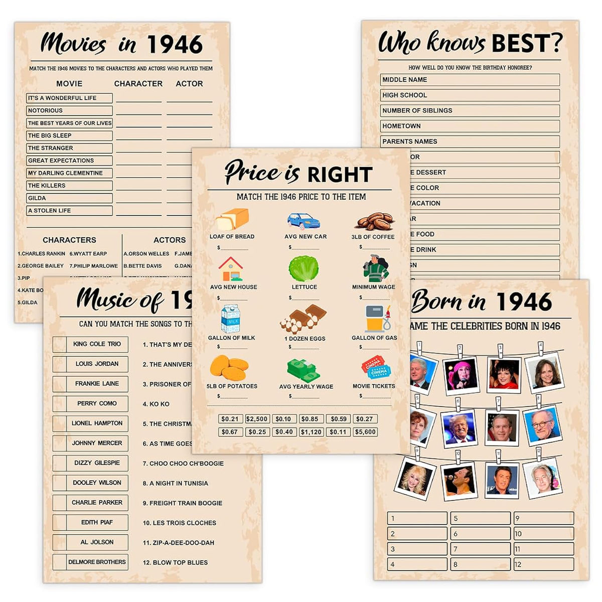 80Th Birthday Party Games, Born In 1946 Games Bundle, Set Of 5 Activities For 10 Guests, Birthday Party Supplies For Adults, Pack Of 50 Cards
