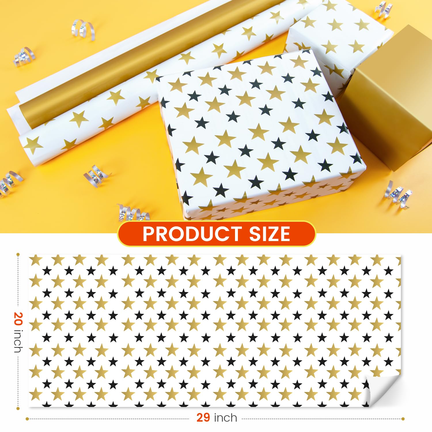 Gift Wrapping Paper 12 Sheets, Folded Flat Gift Wrap Paper For Presents, Kids, Boy And Girl, 20 X 29” Per Sheet - Gold Black Stars