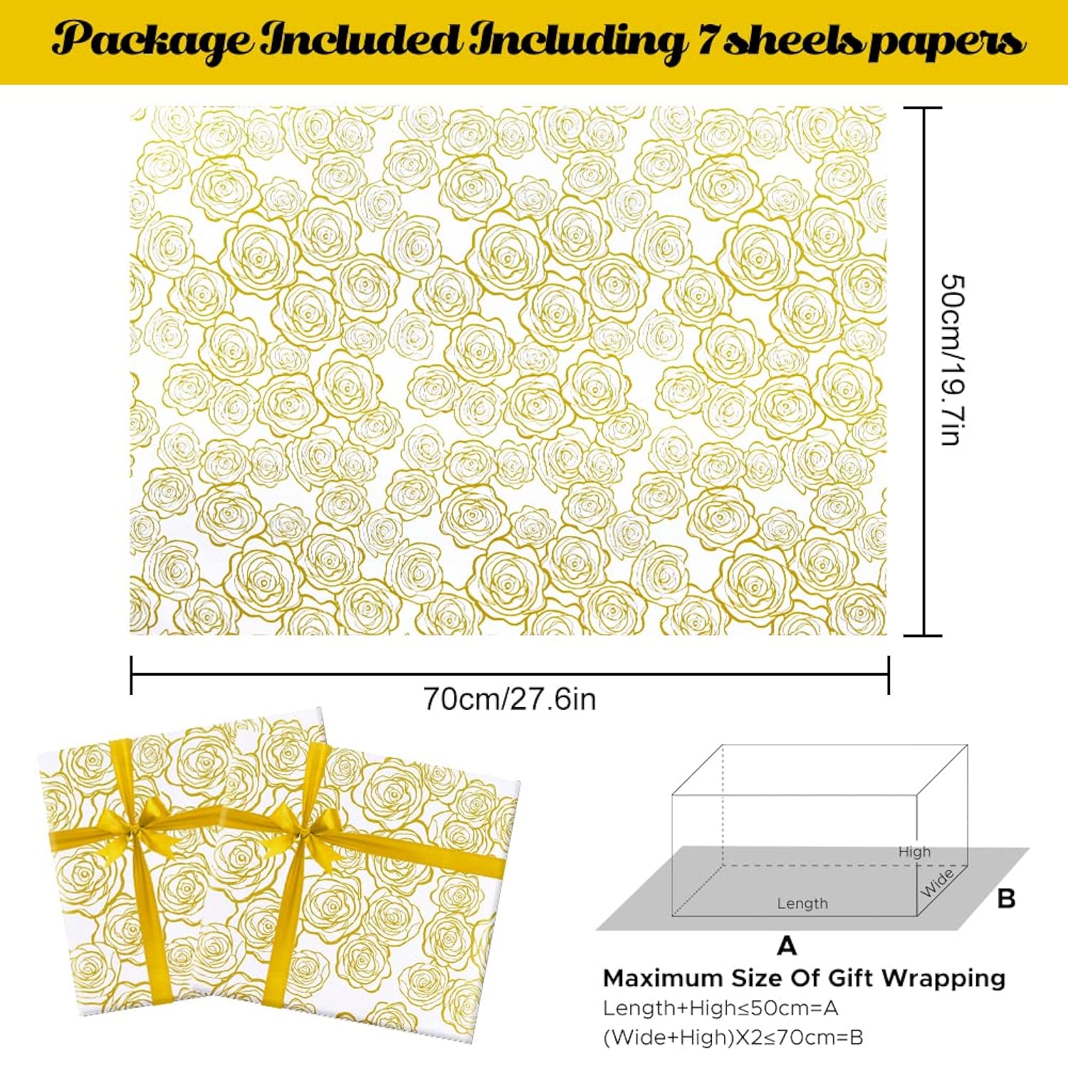 Wedding Wrapping Paper, 7 Sheets Golden Rose Pattern In White Art Paper With 1 Roll Gold Ribbon, 20 X 28 Inch Per Sheet Folded Flat Gift Wrap For Weddings, Birthday, Baby Showers, Bridal Showers