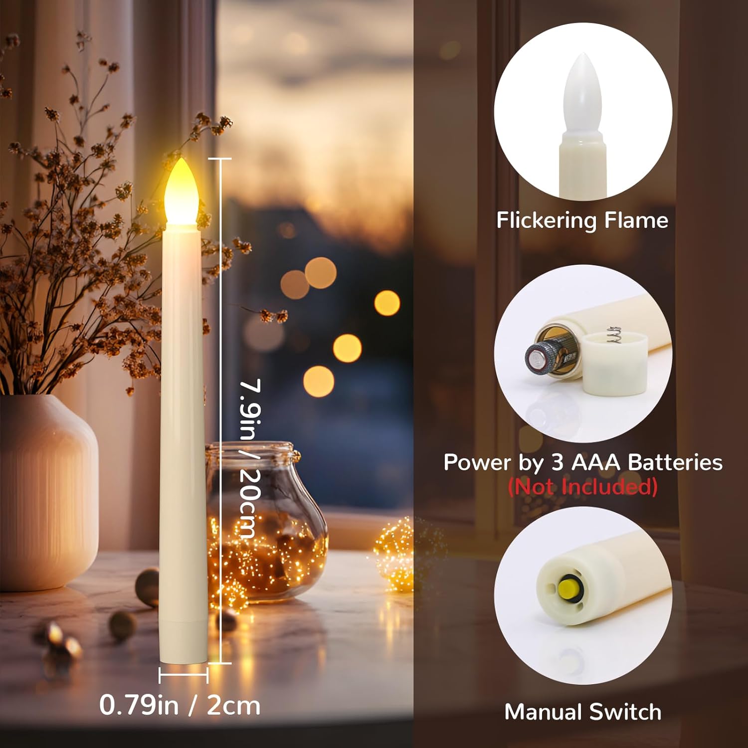 Flameless Candles With Remote Timer, 7.9" Ivory Battery Operated Led Taper Dripless Floating Flickering Candles For Wedding Halloween Thanksgiving Christmas Themed Party Valentines Decorations