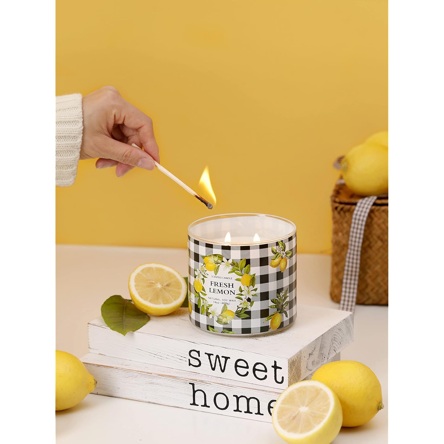 Lemon Candle, Fresh Lemon Scented Candle, Large 3 Wicks Candle, 14 Oz