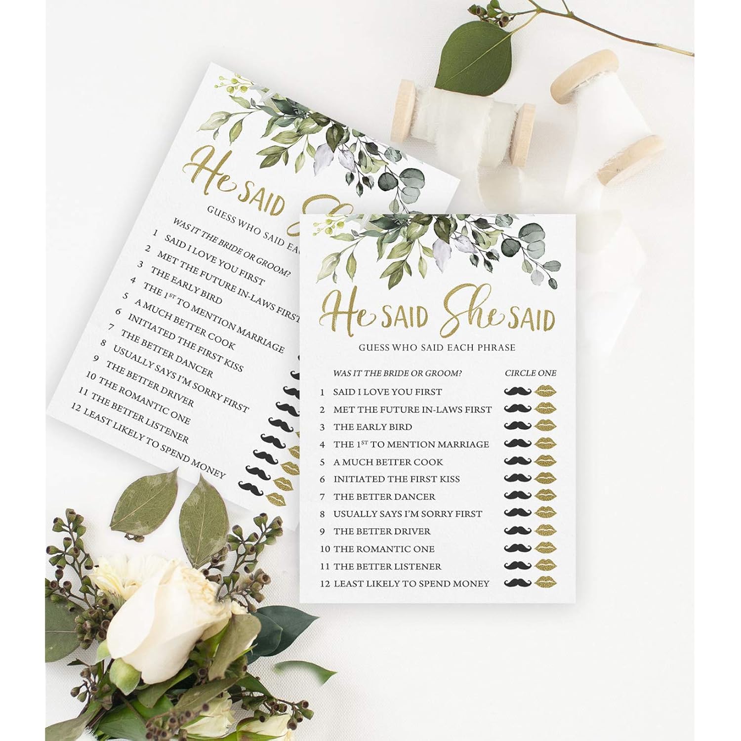 Bridal Shower Games – He Said She Said Game With Fun Bride And Groom Trivia, Wedding Shower Activity, Botanical Eucalyptus Theme, 50 Guests