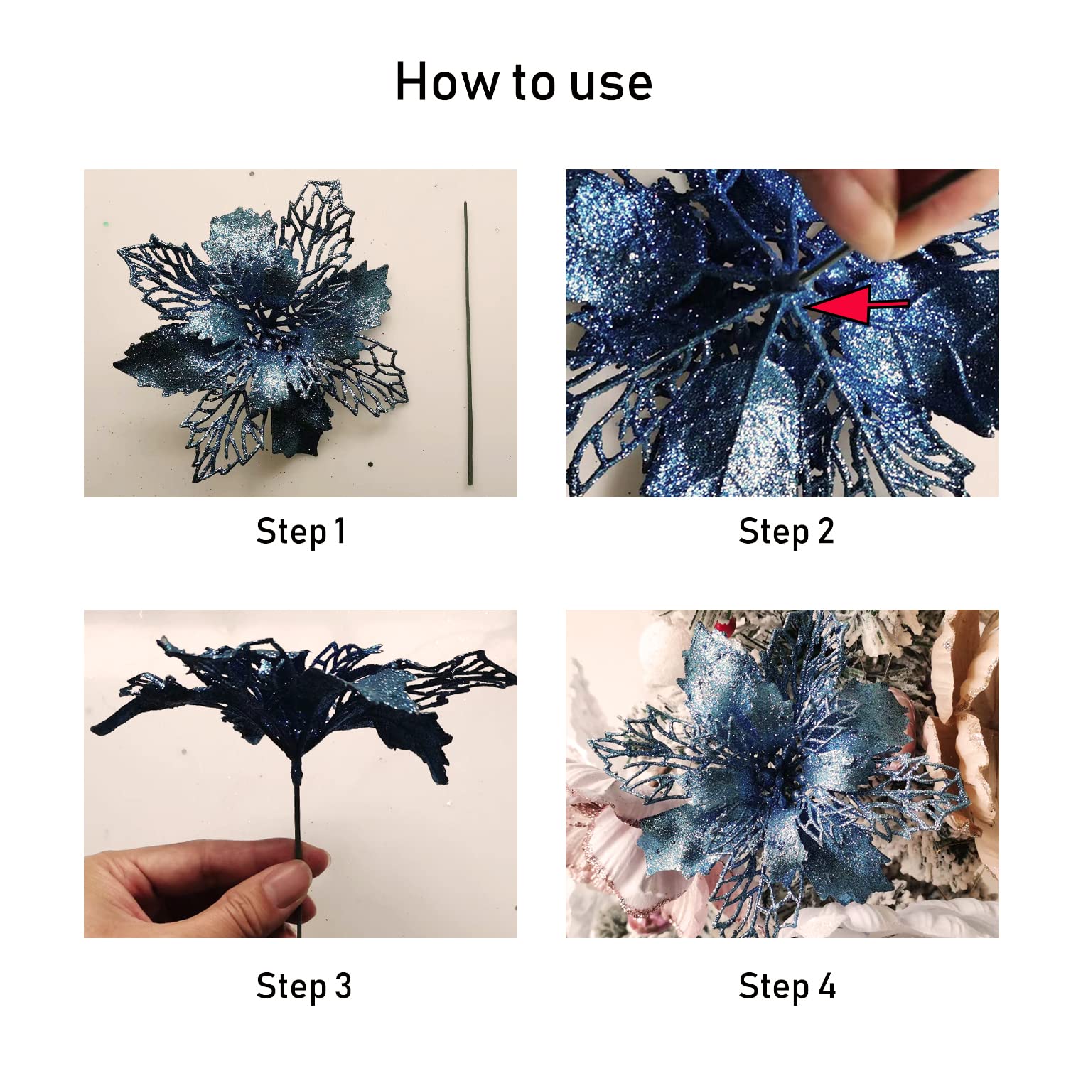 12 Pieces 6.3’’ Glitter Christmas Flowers Blackish Green Poinsettia Artificial Flower Christmas Tree Flowers Wreath Tree Ornaments With 12 Pcs Green Flower Stem