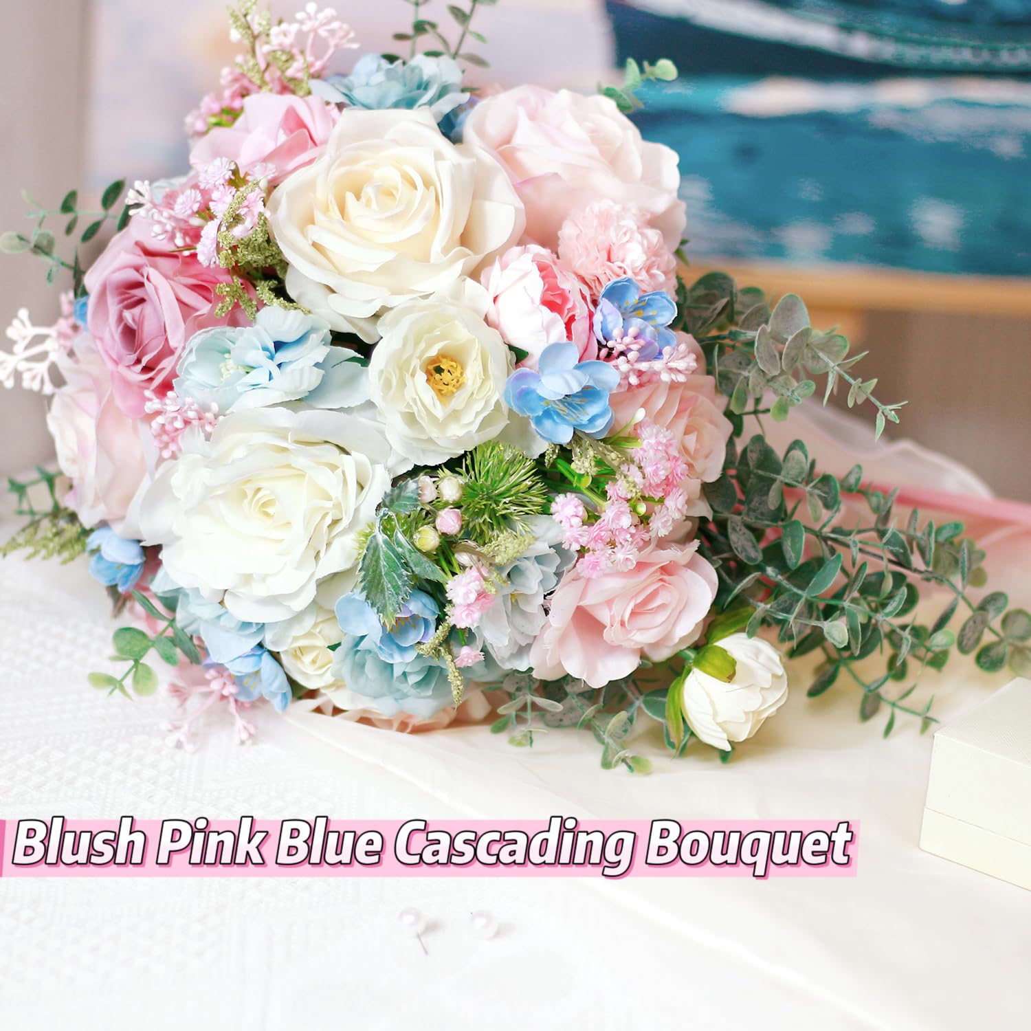 Large Pink Rose Bouquets For Bride Spring Summer Wedding Creamy Blue Blush Pink White Cascading Bridal Bouquet Artificial Silk Flower Boho Rustic Ceremony Anniversary Decor Toss Bouquet