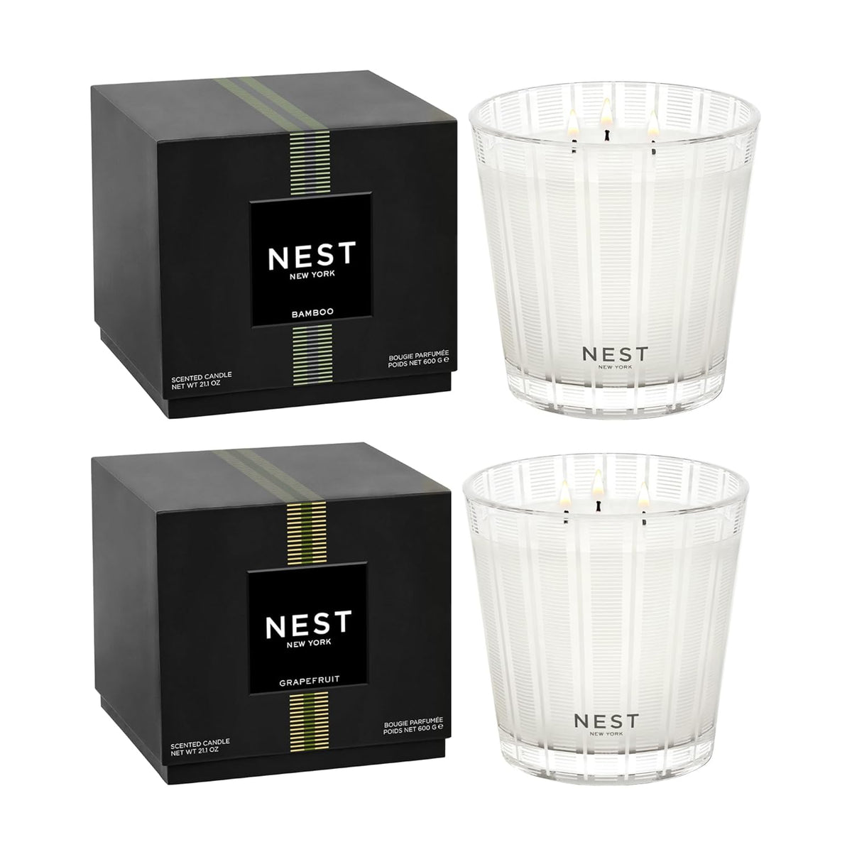 Scented 3-Wick Candle Duo - Bamboo & Grapefruit, 21.2 Oz, Pack Of 2 - Up To 100-Hour Burn Time - Reusable Glass Vessel