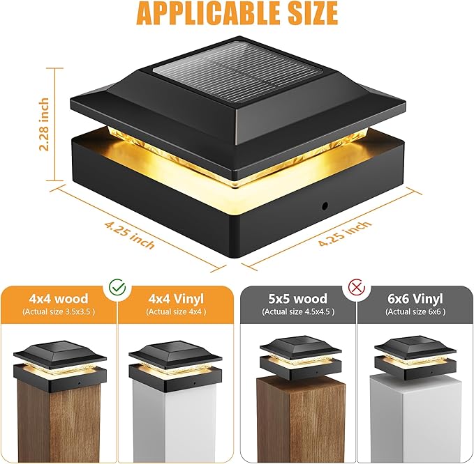 4 Pack Solar Post Cap Lights 16 LED Waterproof Fence Deck Lights for 4x4 Posts
