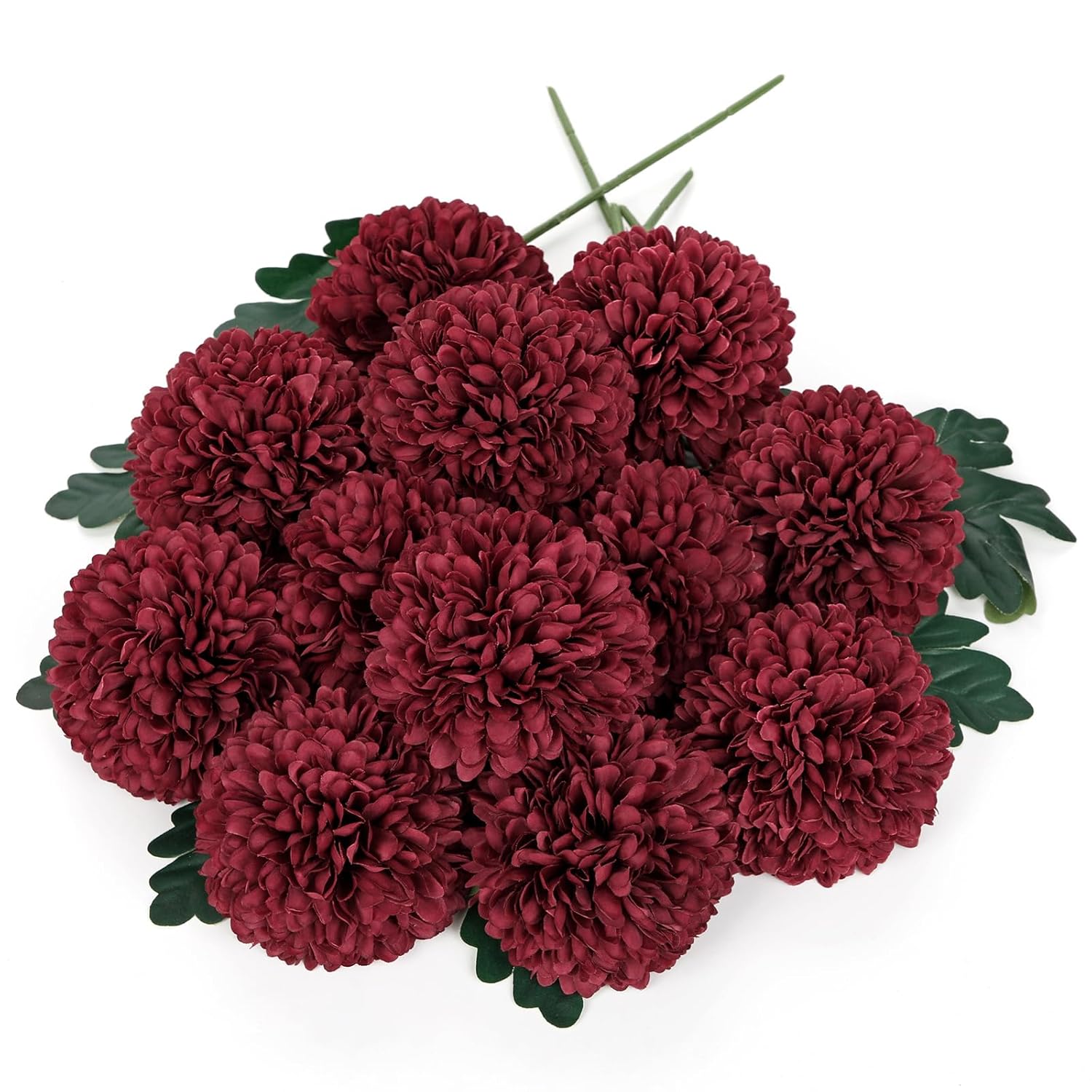 12 Pcs Artificial Burgundy Chrysanthemum Stems – 11” Tall Silk Mums Flower Heads With Green Leaves, Flexible Stems For Fall Floral Pick Arrangements, Home, Wedding & Seasonal Decorations