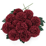 12 Pcs Artificial Burgundy Chrysanthemum Stems – 11” Tall Silk Mums Flower Heads With Green Leaves, Flexible Stems For Fall Floral Pick Arrangements, Home, Wedding & Seasonal Decorations