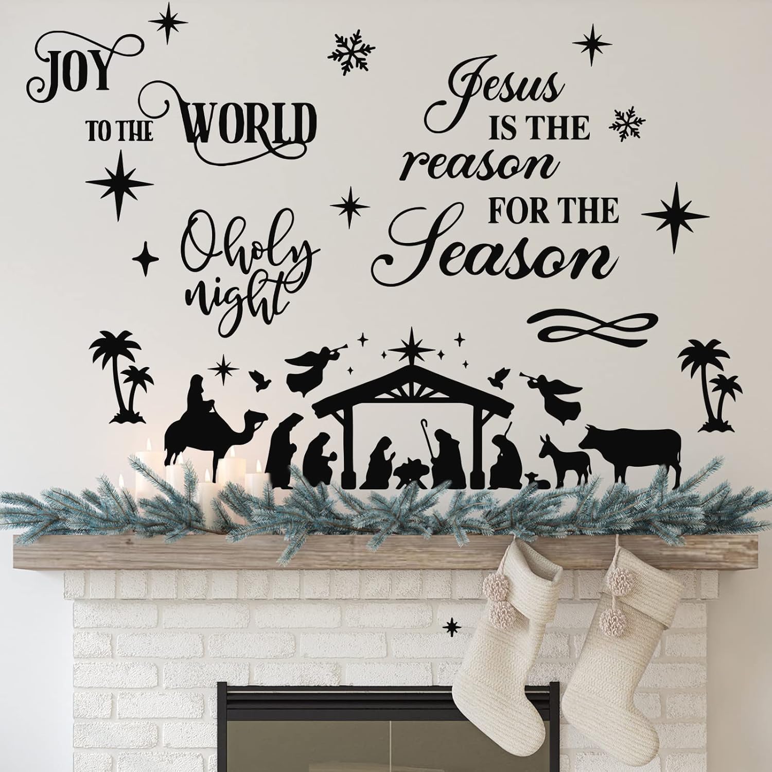 3 Pcs Nativity Scene Wall Decor Stickers Christmas Bible Quotes Christian Vinyl Wall Decal Set Jesus Is The Reason For The Season Bible Verse Wall Decals Joy To The World Wall Stickers For Home