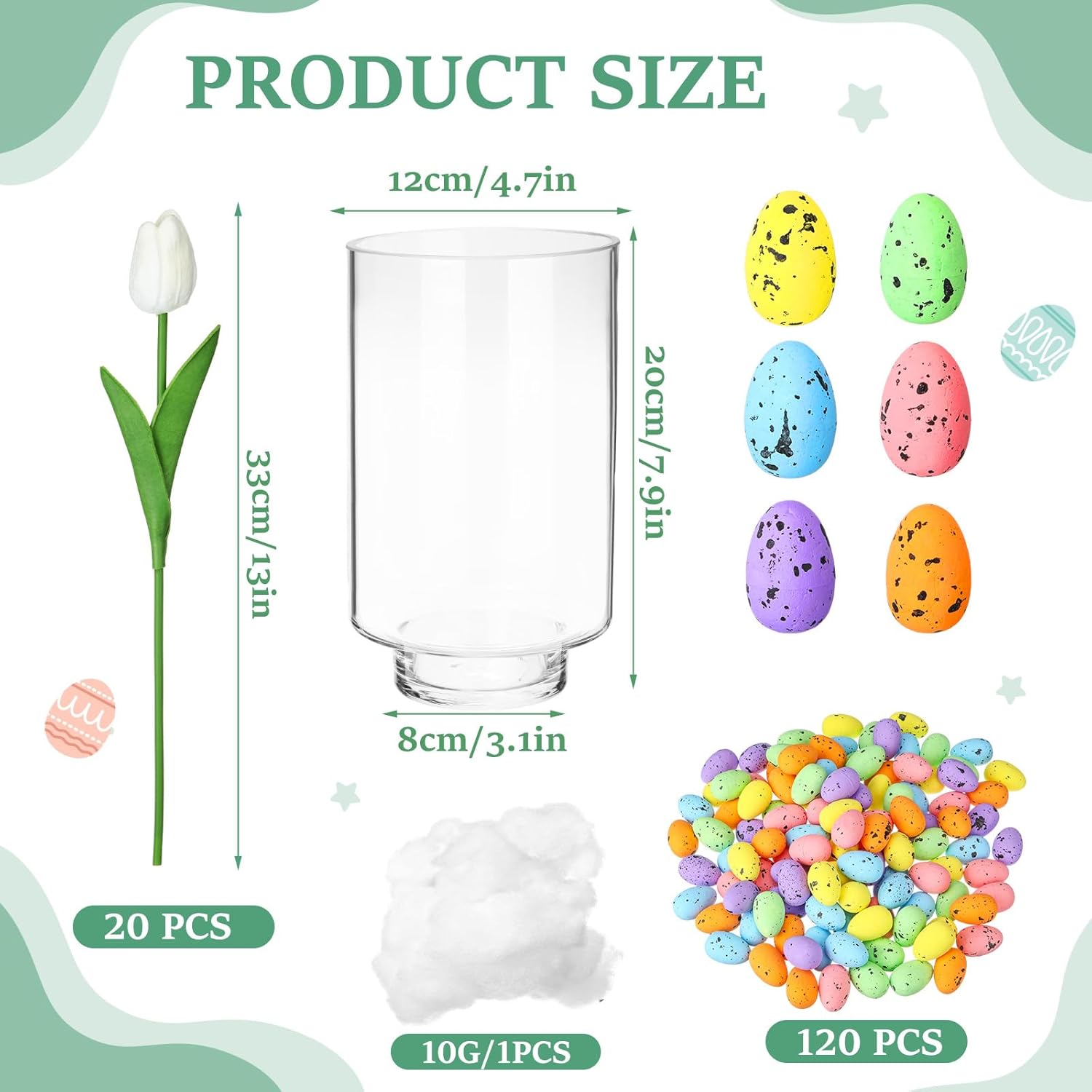 Easter Decorations Flowers Tulip Centerpiece With Vase, Include 20 Pcs Artificial Tulip Pick 120 Pcs Easter Egg 2 Glass Vases 1 Pack Cotton For Spring Table Decor(White)