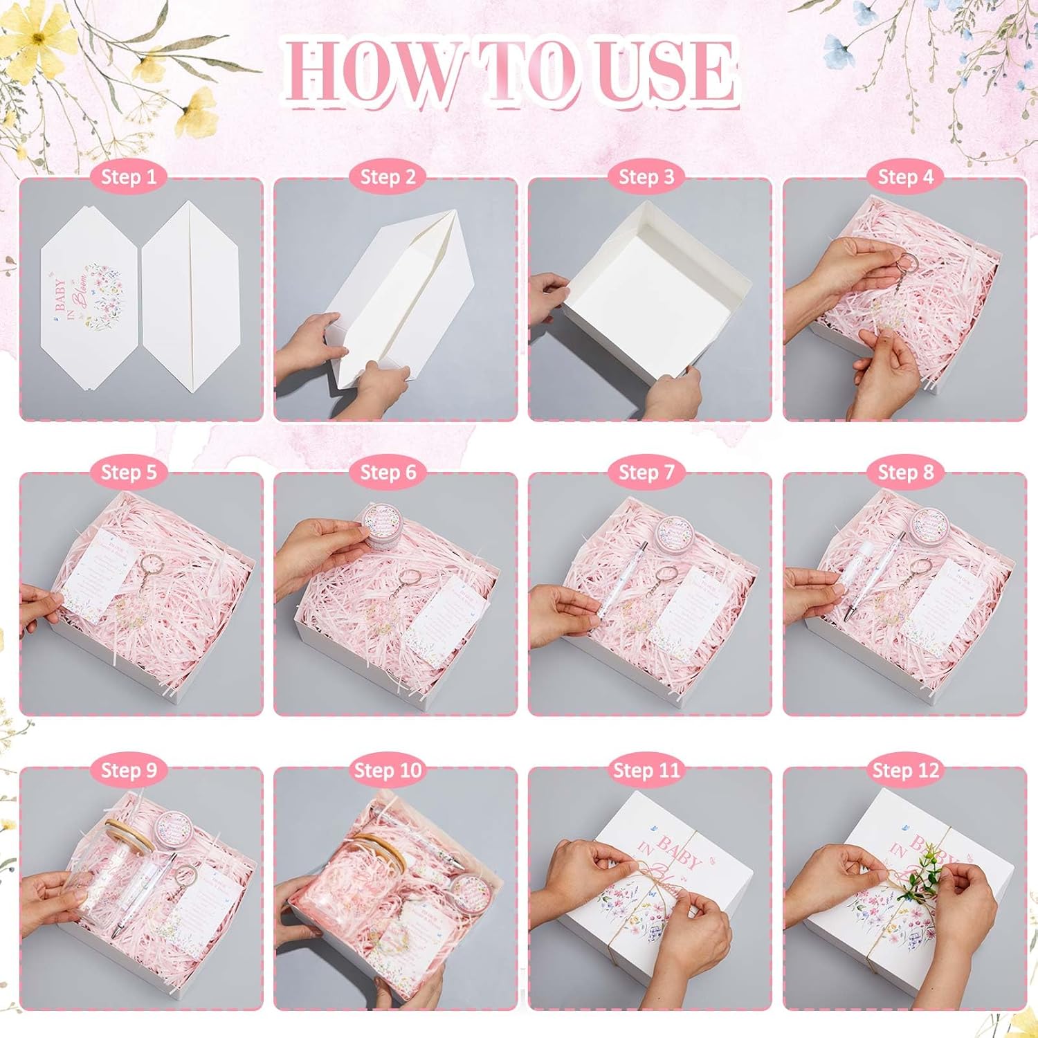 6 Sets 72 Pcs Baby Shower Prizes For Game Favors Include Glass Cups Baby Shower Winners Present Box Lipstick Pen Candle Keychain Guests Wedding Gift(Wildflower)