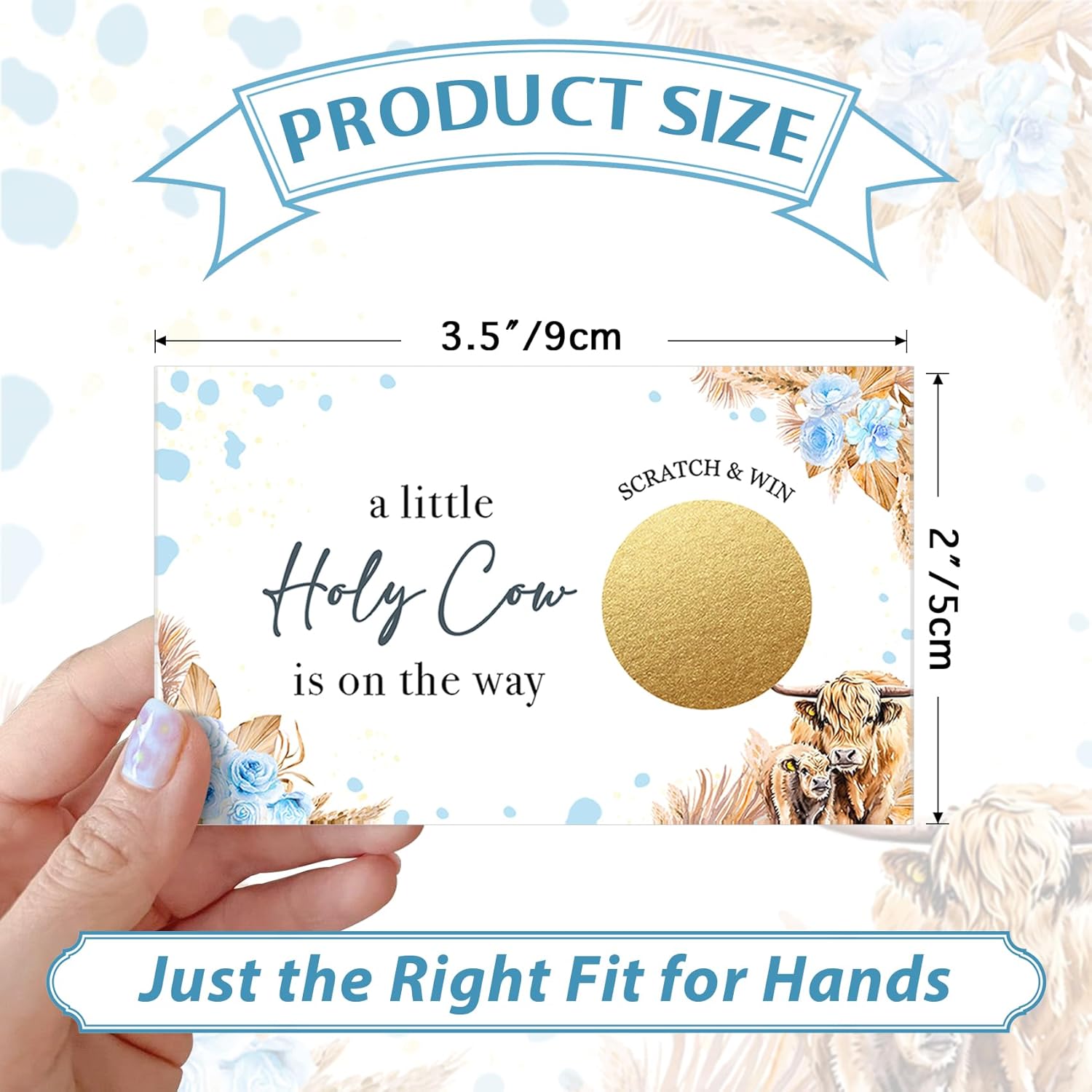Holy Cow Scratch Off Game Cards (50-Pack) - Fun & Simple Baby Shower Activity For Boys, 'A Little Holy Cow Is On The Way' Theme, Blue Highland Cow Themed Party Game -C3