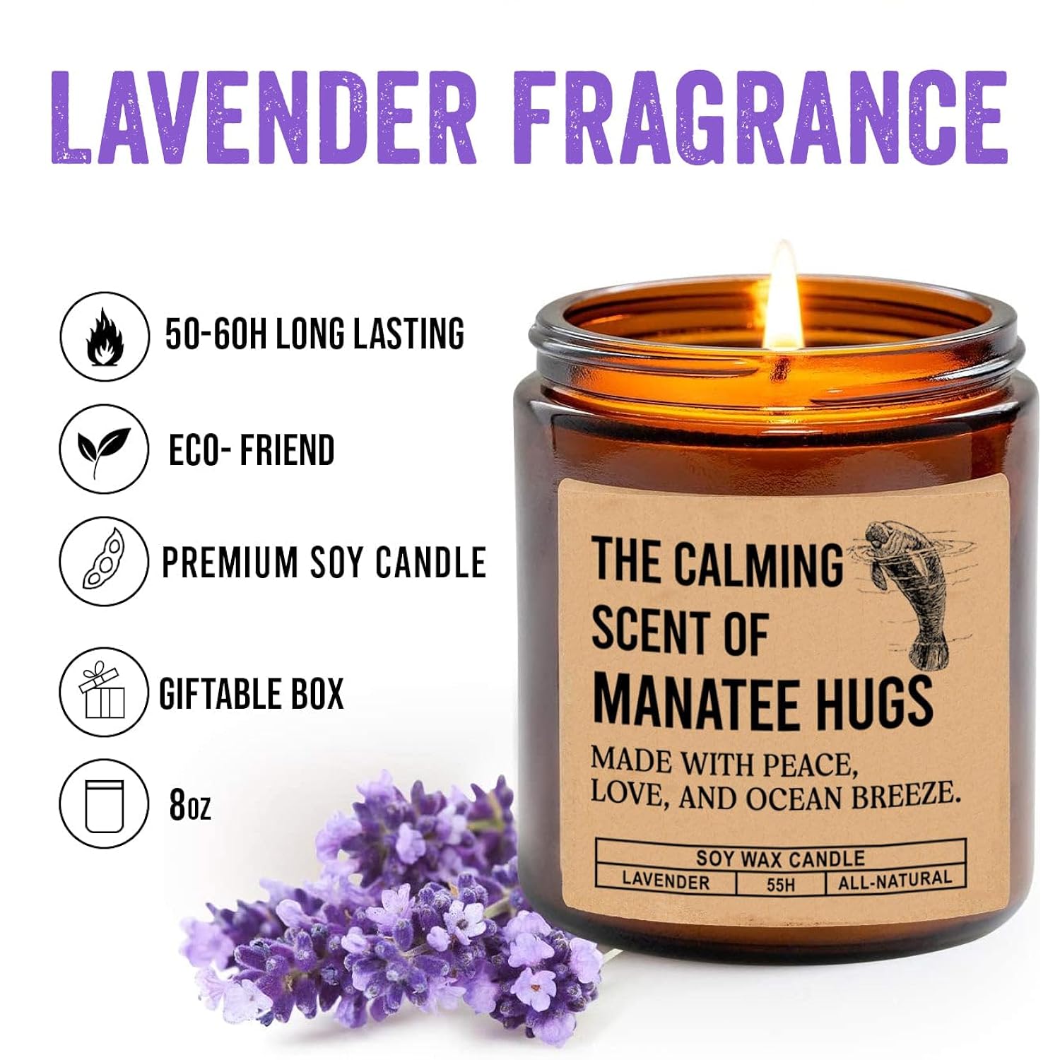 The Calming Scent Of Manatee Hugs Candle - Funny Manatee Hugs Jar Candle - Lavender & Mandarin Scented Soy Wax Candle, 8Oz