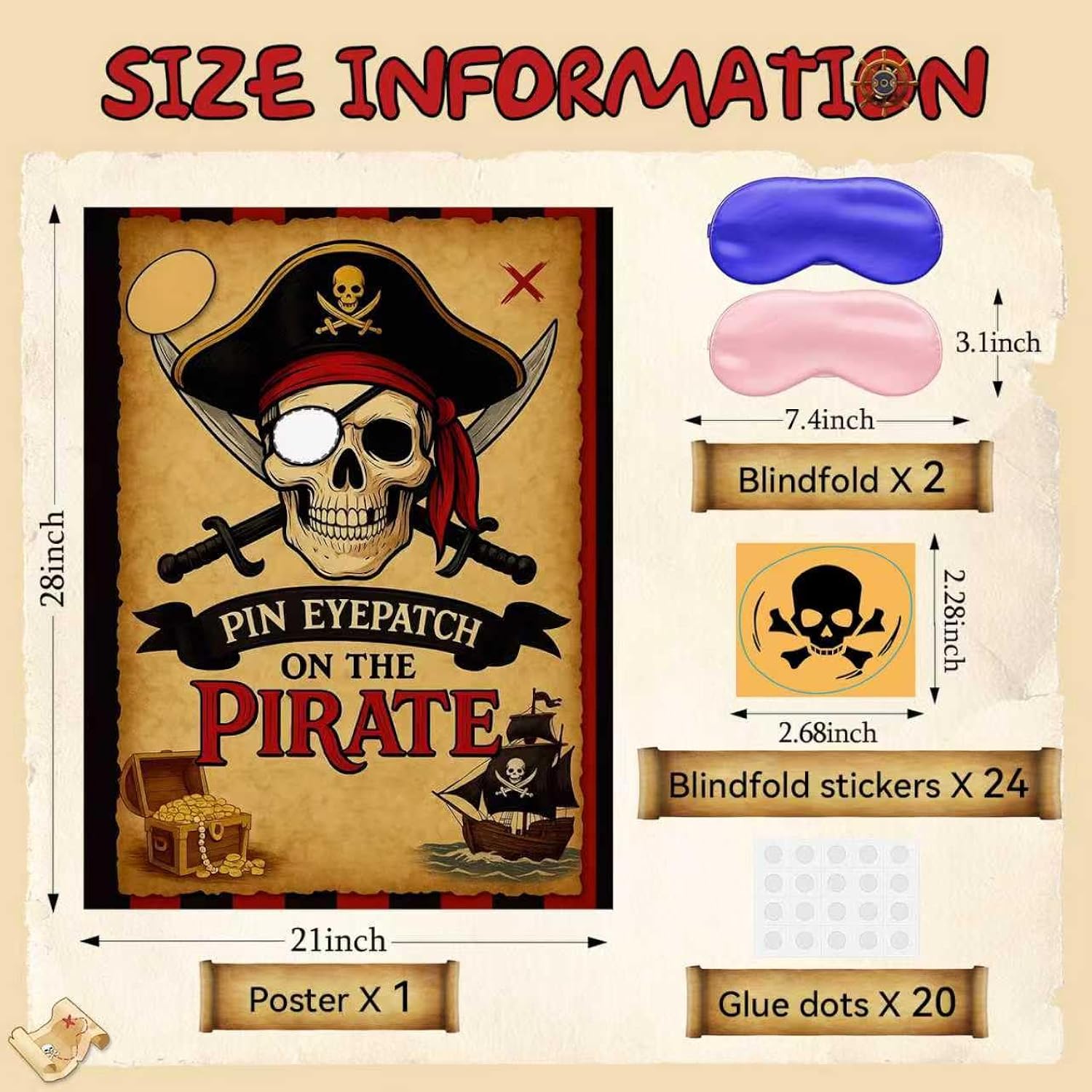 Pirate Party Games Pin The Eye Patch On The Pirates Birthday Decorations: Set Includes Skull Poster, 24 Stickers, And Blindfold For Pirates Birthday Party Decorations, Activities, And Supplies