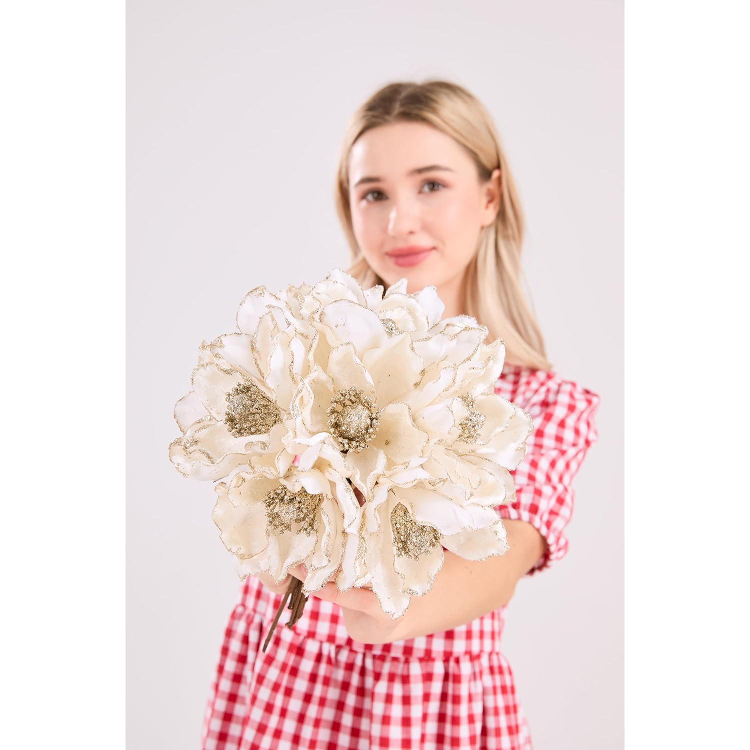 10 Pcs Glitter Artificial Flower Christmas Tree Wreath Diy Ornaments 6.3 Inch Faux Flower For Xmas New Year Wedding Party Holiday Decoration,White A