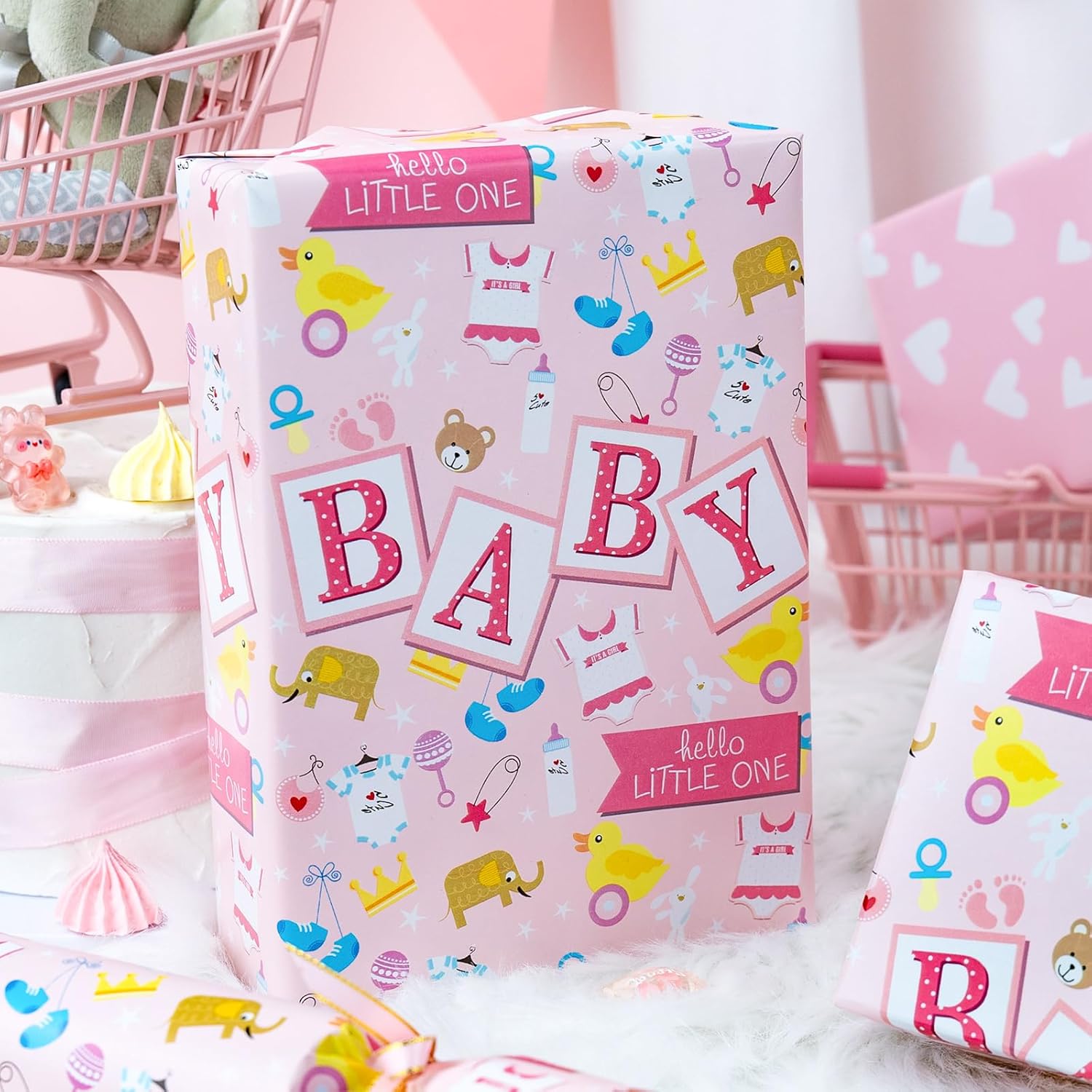 Pink Baby Shower Wrapping Paper Roll, 17 In X 32.8 Ft(46.5 Sq.Ft.Ttl.) Baby Design Gift Wrap With Pink Heart Reverse For Baby Shower, Baby Girl Birthday, Gender Reveal, Newborn Celebrations