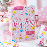 Pink Baby Shower Wrapping Paper Roll, 17 In X 32.8 Ft(46.5 Sq.Ft.Ttl.) Baby Design Gift Wrap With Pink Heart Reverse For Baby Shower, Baby Girl Birthday, Gender Reveal, Newborn Celebrations