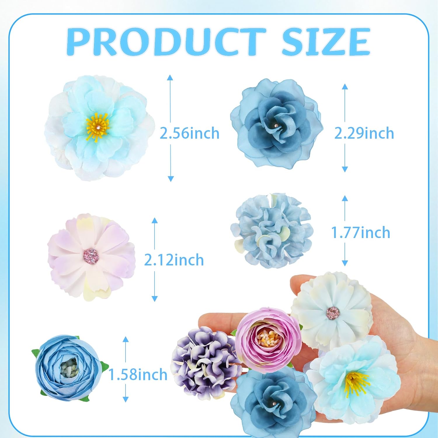 Mini Silk Flowrs Bulk Fake Flower Heads Small Flower 3D Loose Faux Daisy Rose Sunflowers Plum Blossoms Craft For Wedding Party Cake Baby Shower Home Decor, 110Pcs(Blue)