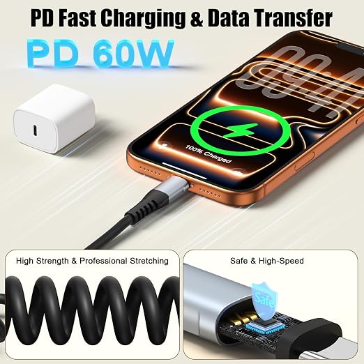 2 Pack Coiled USB C to USB C Fast Charging Cable 3FT 60W Type C Charger for iPhone 17 16 15 Samsung Galaxy