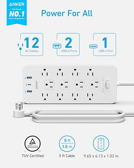 Surge Protector Power Strip with 12 Outlets 3 USB Ports 1 USB C 2100J Extension Cord 20W