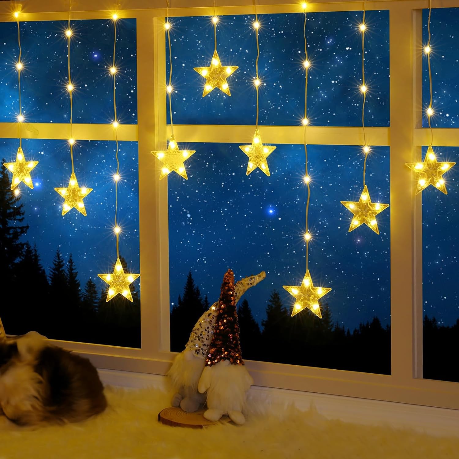 Christmas Window Lights, 76Leds 9 Star Curtain Lights, Warm White&Multicolor, Ip65 Waterproof, Timer & Memory Function,