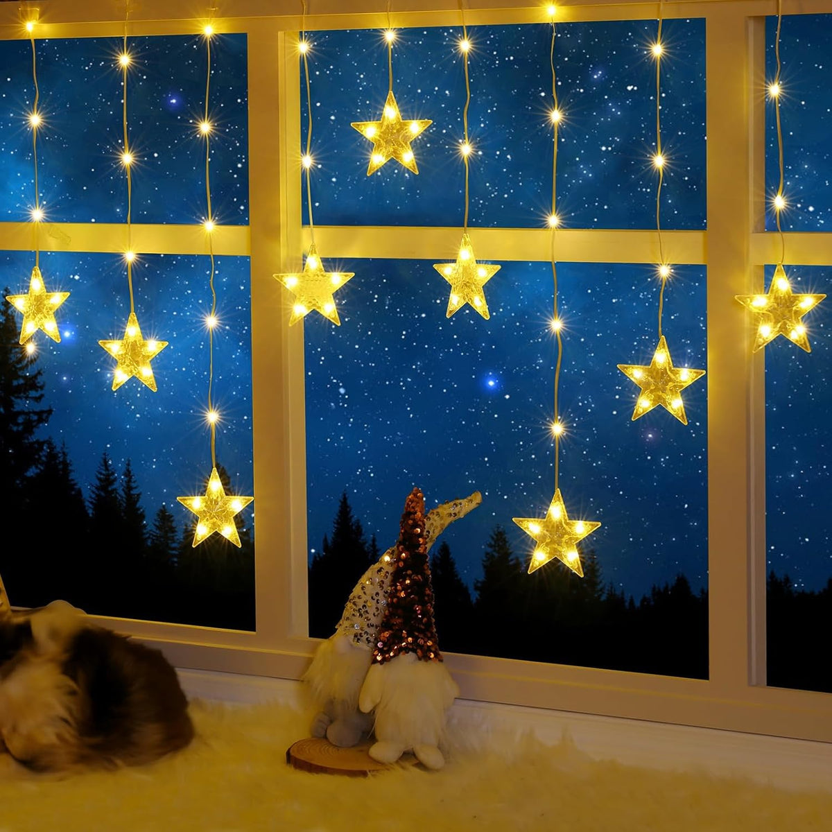 Christmas Window Lights, 76Leds 9 Star Curtain Lights, Warm White&Multicolor, Ip65 Waterproof, Timer & Memory Function,