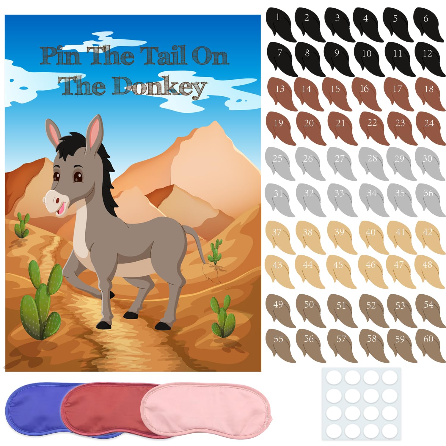 Pin The Tail On The Donkey Party Game With 60 Pcs Tails Large Donkey Games Poster For Kids Birthday Party Decorations Carnival Party Supplies Large Birthday Party Supplies Blindfolded Game