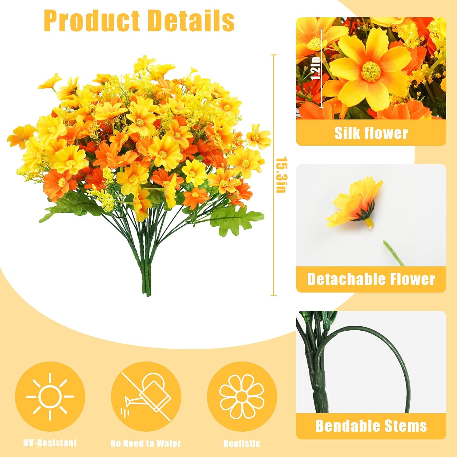 24 Bundles Artificial Fall Flowers For Outdoors Fake Daisy Mums Flowers Uv Resistant Autumn Flowers No Fade Indoor Outside Home Wedding Garden Porch Fall Décor (Orange Yellow)