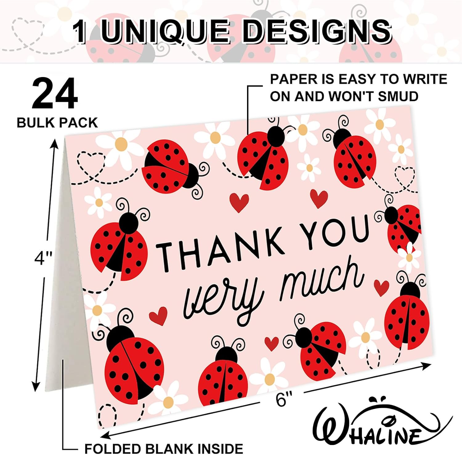 24 Pcs Ladybugs With Daisy Thank You Cards Greeting Cards With Envelopes Stickers Red Pink Blank Note Card For Wedding Business Graduation Bridal Baby Shower Birthday Party, 4 X 6 Inch
