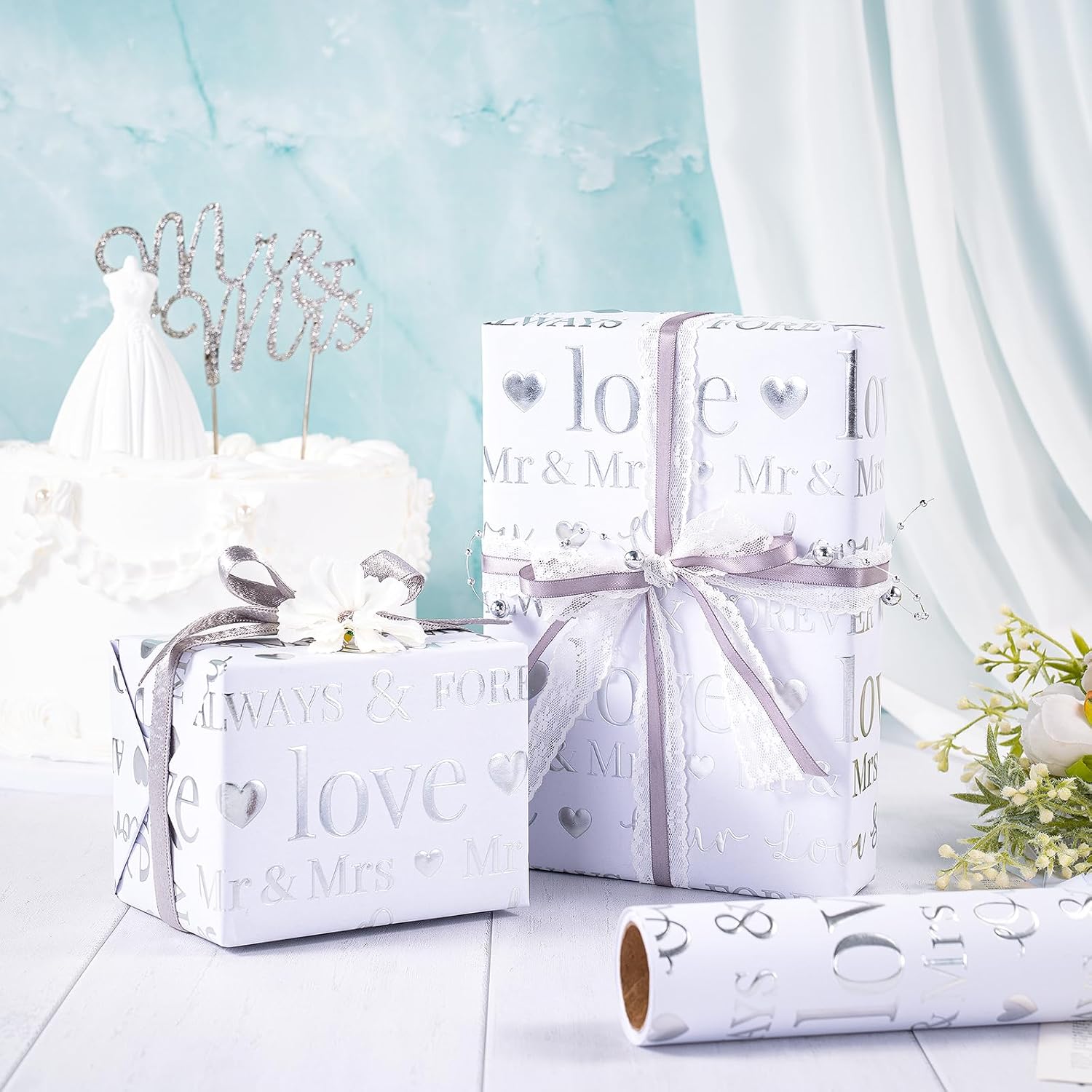 Wedding Wrapping Paper, Mini Roll, Silvery Gold Foil Love Design, Perfect For Wedding, Bridal Shower, Anniversary, Engagement, 17 Inches X 16.5 Feet