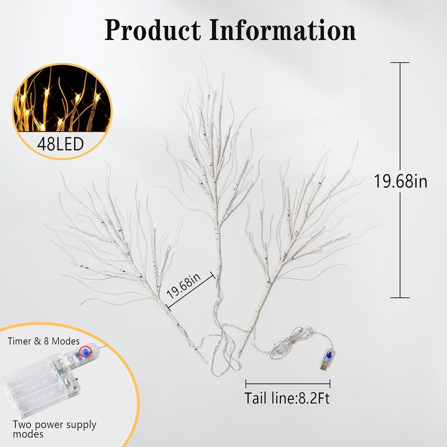 Lighted Artificial Birch Branch Tree Fairy Lights Holiday Decor,3Pk 19.7In 48 Led;Usb Powered,Warm White Branch With Lig