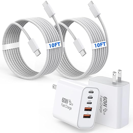 2 Pack 60W 5 Port USB C Fast Wall Charger with 10FT USB C Cable for iPhone 17 16 15 iPad